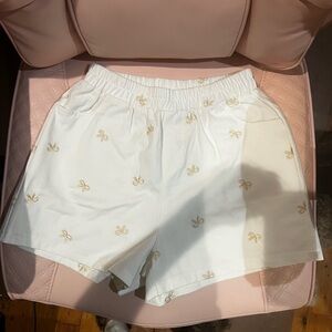 Elegant High Waist White Shorts with Gold Embroidery Bows